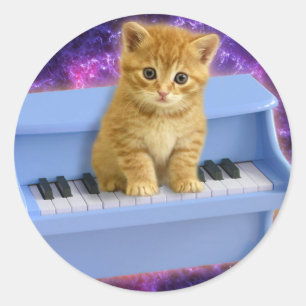 Sticker Rond Chat sur le piano bleu
