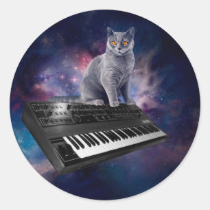 Sticker Rond Chat sur synthétiseur dans l'espace