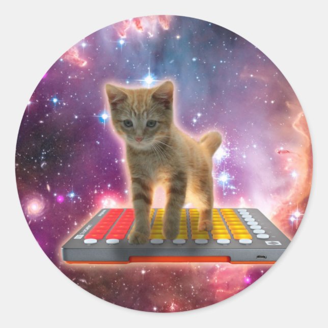Sticker Rond Chat sur synthétiseurs dans l'espace (Devant)