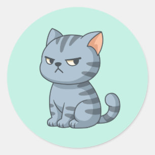 Sticker Rond Chat tabby gris grincheux sur fond vert