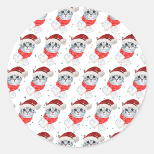 Sticker Rond Chat tigré de Noël avec écharpe rouge pour amateur