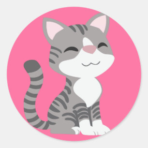 Sticker Rond Chat tigré gris de sourire mignon