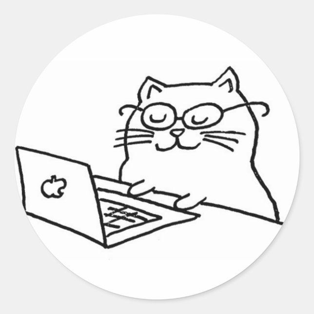 Sticker Rond Chat travaillant sur ordinateur portable (Devant)