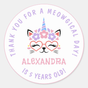 Sticker Rond Chat Unicorne Anniversaire Merci rose violet bleu
