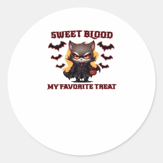 Sticker Rond Chat Vampire en colère Craves Sweet Halloween sang (Devant)