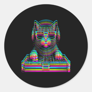 Sticker Rond Chat Vaporwave Dj Techno Rave Musique Edm Concert 