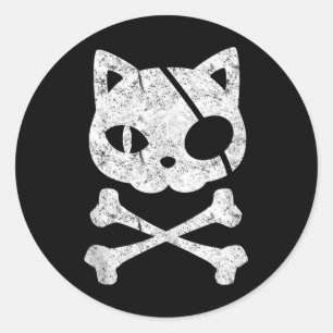Sticker Rond Chat vintage Pirate Kitten Halloween Croix du crân