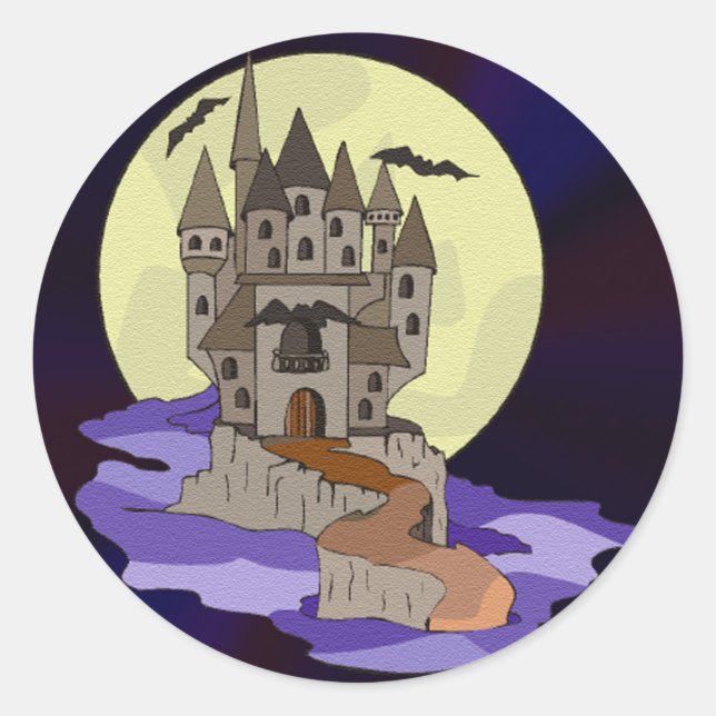 Sticker Rond Château, chauves-souris et caricature Pleine lune (Devant)