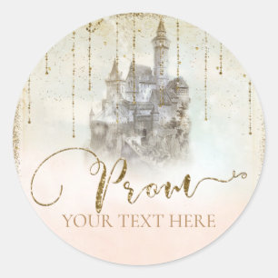 Sticker Rond Château de conte de fées pailleté or Bal de promo