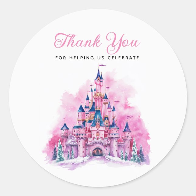 Sticker Rond Château rose Aquarelle 1er Anniversaire Merci (Devant)