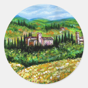 STICKER ROND CHÂTEAUX DANS LE PAYSAGE CHIANTI, CHAMPS DE FLEUR