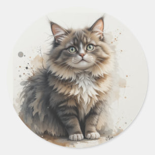 Sticker Rond Chaton animal de compagnie amusant à poil long tab