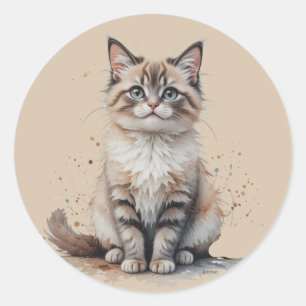 Sticker Rond Chaton animal de compagnie amusant à poils longs t