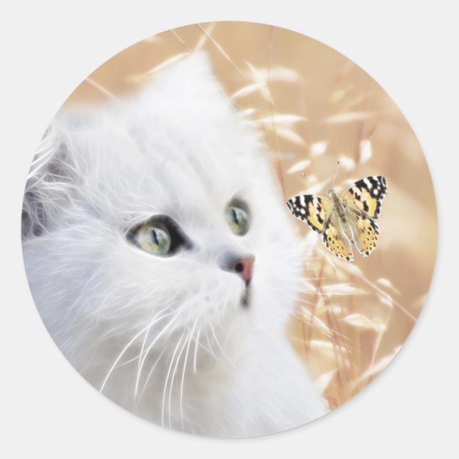 Sticker Rond Chaton blanc et papillon (Devant)