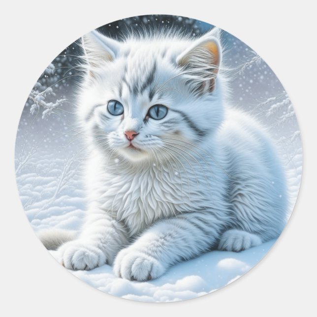 Sticker Rond Chaton blanc Fluffy personnalisé en neige (Devant)