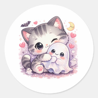 Sticker Rond Chaton câlin fantôme Kawaii