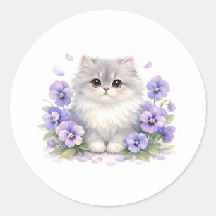 Sticker Rond Chaton Fluffy Aquarelle avec Fleurs de Pensée Viol