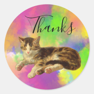 Sticker Rond Chaton Mignon Adorable Merci Abstrait Arc-en-ciel