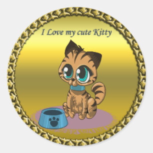 Sticker Rond Chaton mignon pelucheux espiègle d'or avec des