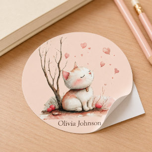 Sticker Rond Chaton Personnalisé Mignon avec des Cœurs