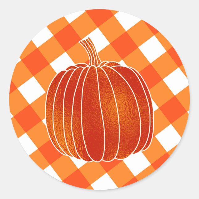Sticker Rond Chatoyant Orange Automne Citrouille Plaid Checkers (Devant)