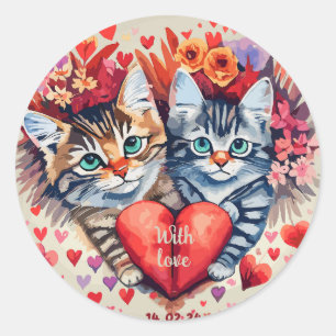 Sticker Rond Chats aquarelle au coeur