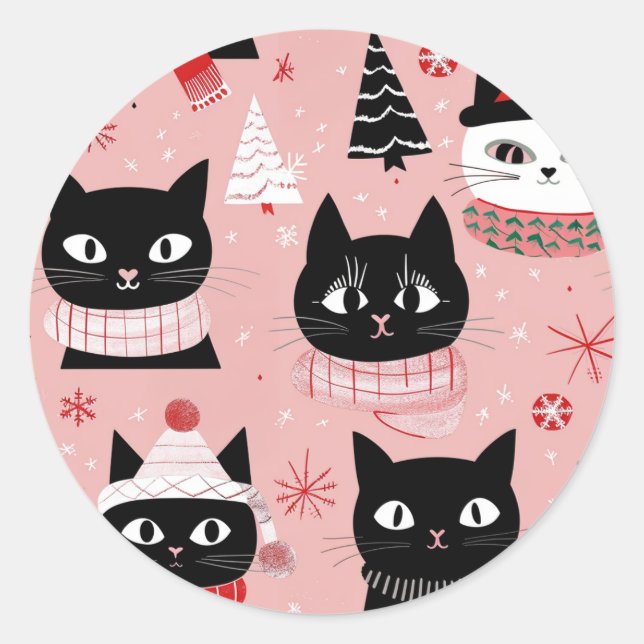 Sticker Rond Chats de Noël rétro amusants en rose (Devant)