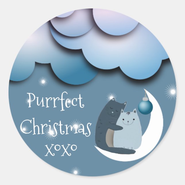 Sticker Rond Chats de Noël sur la Lune (Devant)