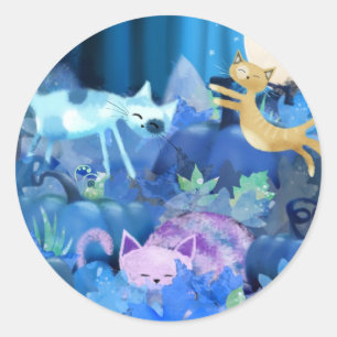 Sticker Rond Chats éclairés par la lune et chatons