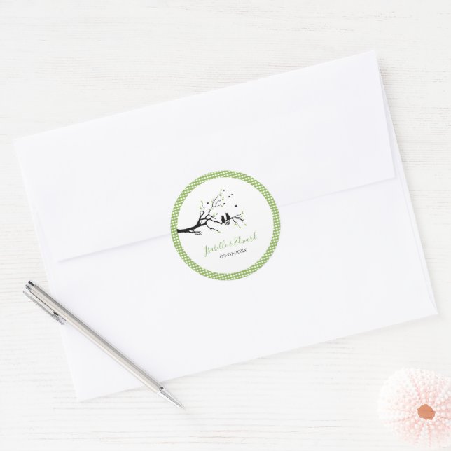 Sticker Rond Chats en amour Vert & Blanc En vichy Noms de Motif (Enveloppe)