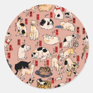 Sticker Rond Chats japonais Ukiyo-e Art drôle