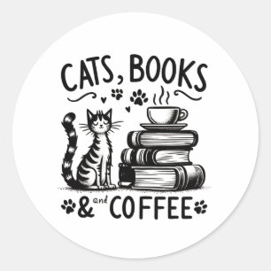 Sticker Rond Chats, livres et café