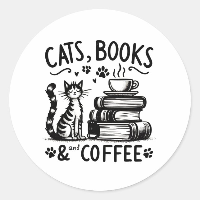 Sticker Rond Chats, livres et café (Devant)