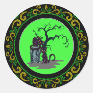 Sticker Rond Chats noirs jaunes et verts Halloween Tombstone Tr