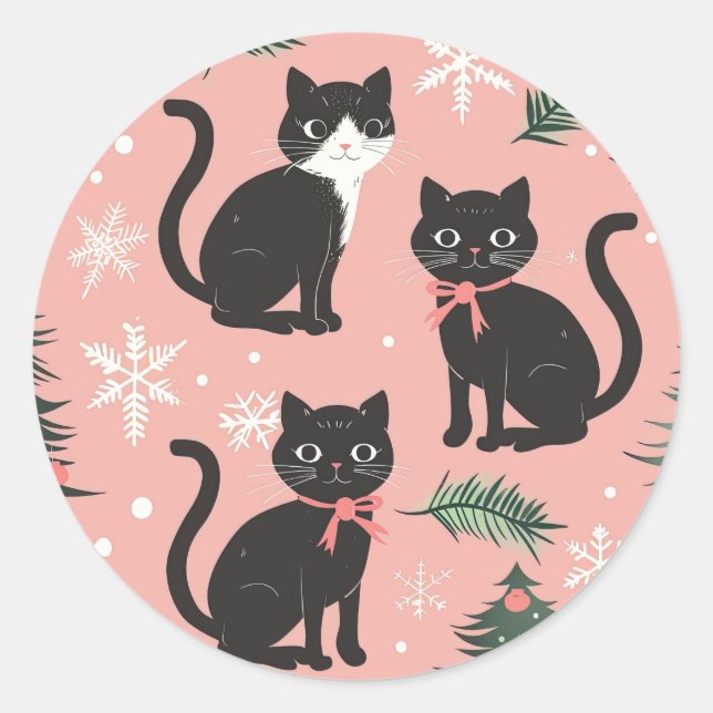 Sticker Rond Chats rétro mignons à Noël rose (Devant)