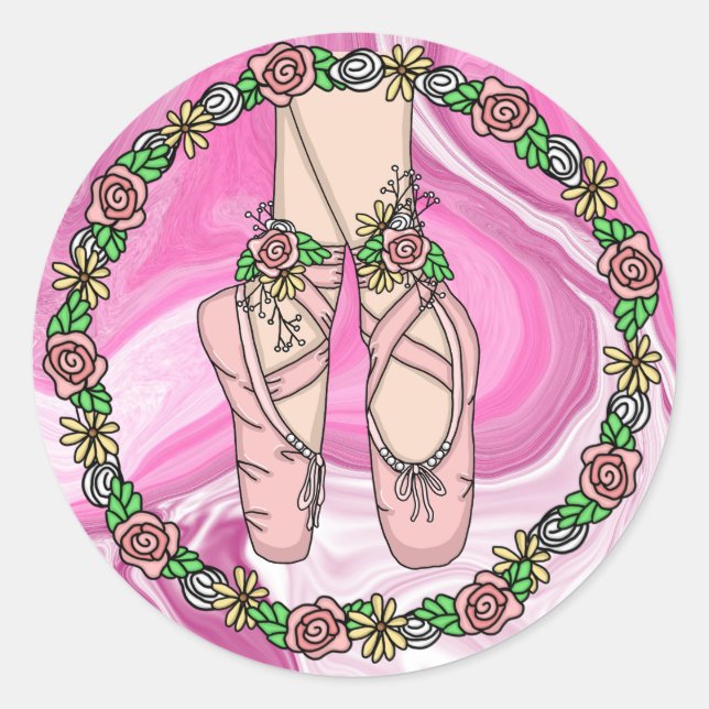 Sticker Rond Chaussons de ballet personnalisés rose et Marbre b (Devant)