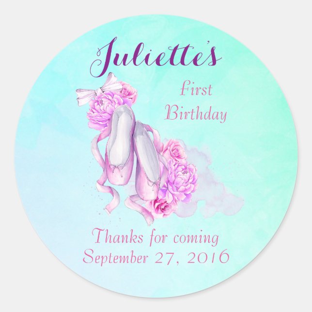 Sticker Rond Chaussons de ballet rose Aquarelle Anniversaire Me (Devant)