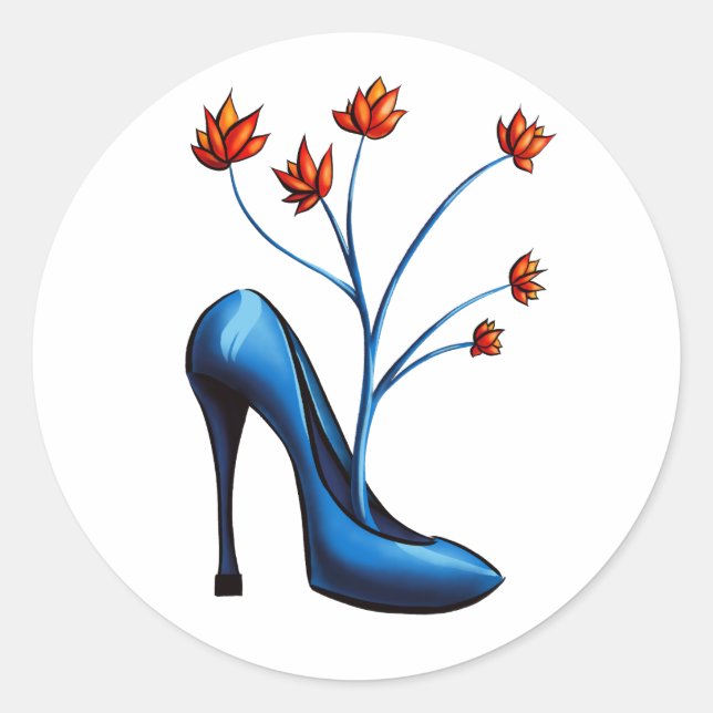 Sticker Rond Chaussure Haut Talon Et Bouquet De Fleurs (Devant)
