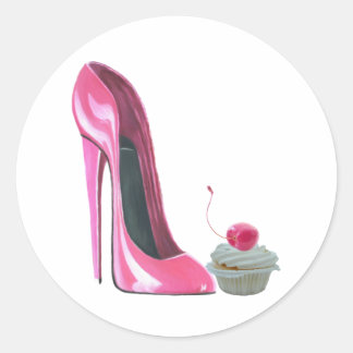 Sticker Rond Chaussure Stiletto Rose et Cupcake