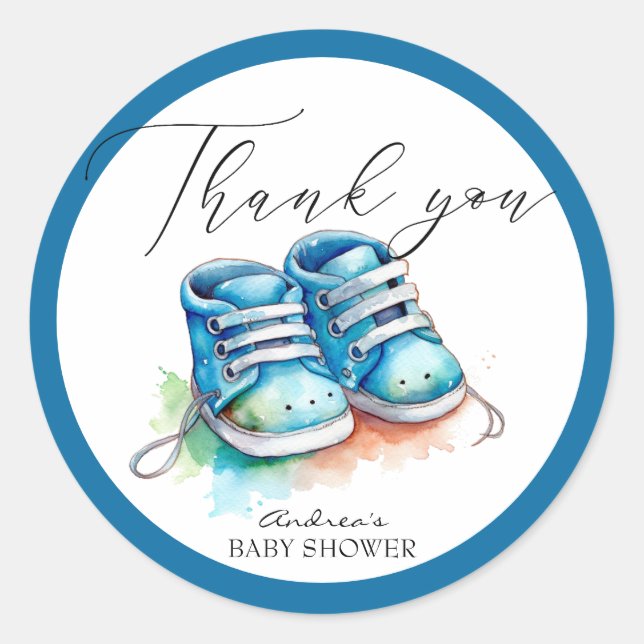 Sticker Rond Chaussures pour bébés | Blue Boy Baby shower Merci (Devant)