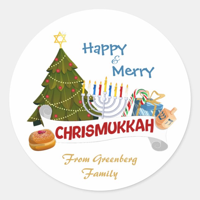 Sticker Rond Cheerful Blended Holiday Chrismukkah Tree, Menorah (Devant)