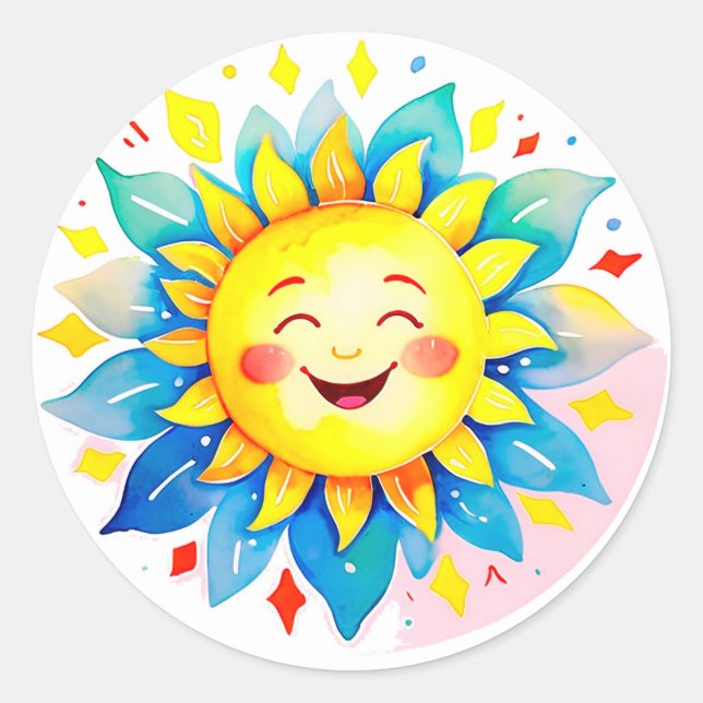 Sticker Rond Cheerful Sun Cartoon With Smiling Face (Devant)
