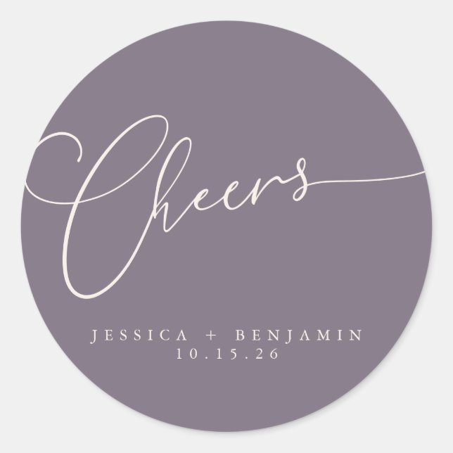 Sticker Rond Cheers Minimal Dusty Purple Script Personnalisé Ma (Devant)