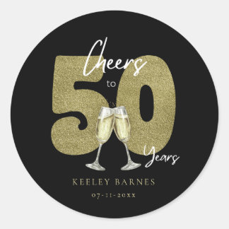 Sticker Rond Cheers To 50 Years Black Gold Birthday Party