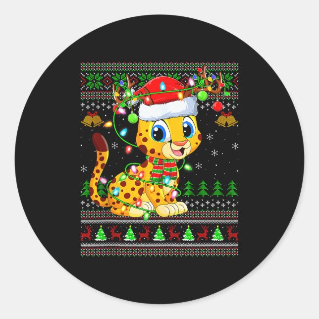 Sticker Rond Cheetah Ugly Christmas Sweaters Holiday Santa Cute (Devant)