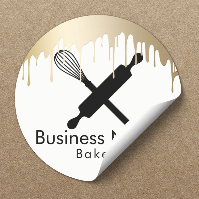 Sticker Rond Chef Cupcake de boulangerie Conduites d'or moderne (Créateur téléchargé)