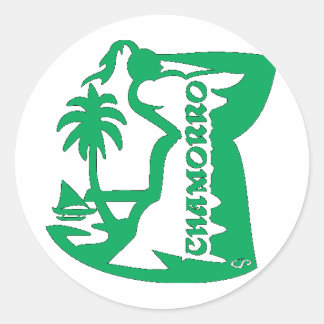 Sticker Rond Chef tenant une pierre latte. Sceau de Guam.