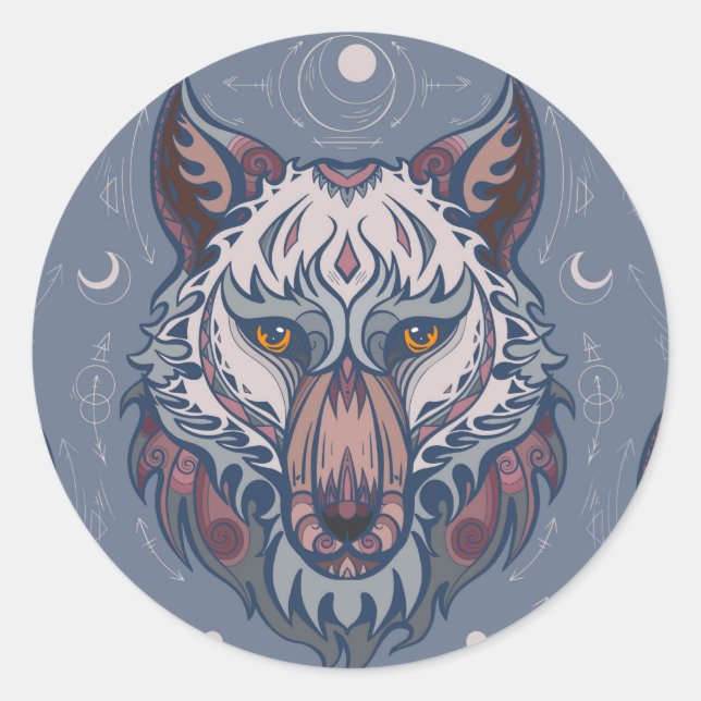 Sticker Rond Chefs de loups avec décoration de boho (Devant)