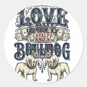 Sticker Rond Chemise d'amour Bulldog Gravure vintage Citation d