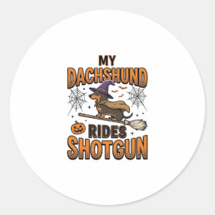 Sticker Rond Chemise de Dachshund Halloween Sorcière Balai Roul